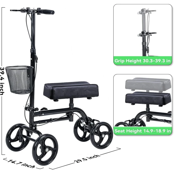 WINLOVE Black Steerable Knee Walker Roller Scooter with Basket Dual Braking System for Angle and Injured Foot Broken Economy Mobility