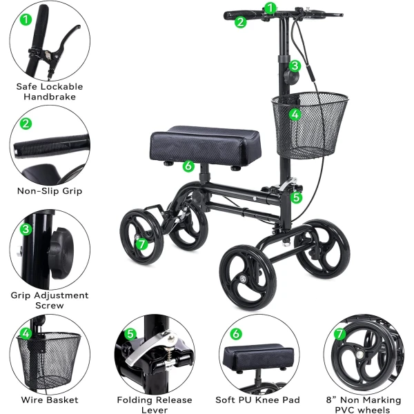 WINLOVE Black Steerable Knee Walker Roller Scooter with Basket Dual Braking System for Angle and Injured Foot Broken Economy Mobility