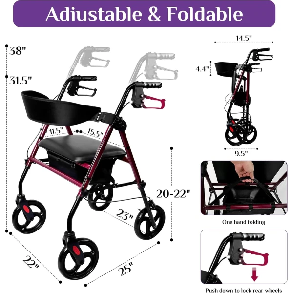 Rollator Walker with Seat, Steel Rolling Walker with 8-inch Wheels Supports up to 300 lbs, Medical Walker