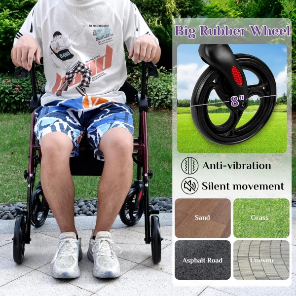 Rollator Walker with Seat, Steel Rolling Walker with 8-inch Wheels Supports up to 300 lbs, Medical Walker