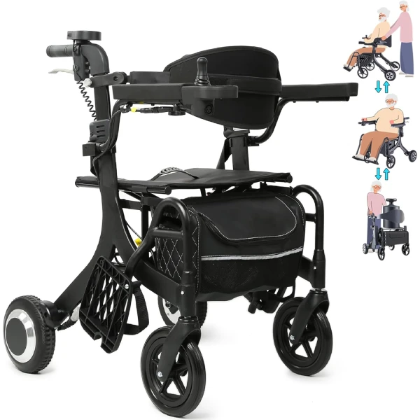 Rollator Walker with Seat 3 in 1 Multi-Functional Walker for Seniors Transport Wheelchair Lightweight Foldable Mobility Scooter Electric Wheelchair with Front & RR Controller