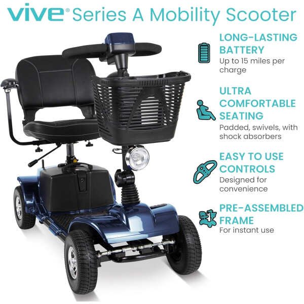 Vive Mobility Scooter (Series A) – 4 Wheel Electric Powered Wheelchair Mobile Device for Adults, Seniors – TSA Approved Wheel Chair, Compact, Travel – Long Range Battery, Shock Absorbing (Blue)