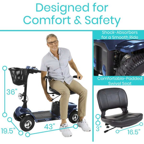 Vive Mobility Scooter (Series A) – 4 Wheel Electric Powered Wheelchair Mobile Device for Adults, Seniors – TSA Approved Wheel Chair, Compact, Travel – Long Range Battery, Shock Absorbing (Blue)