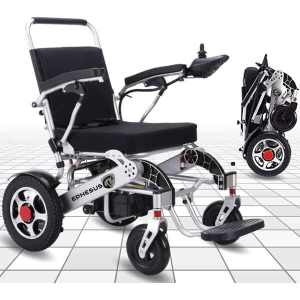 Foldable Electric Wheelchair/w Remote Control and Wide Seating Area | Lightweight 60 lbs, Airplane Approved, Heavy Duty | Motorized Wheelchair (Silver-Seat Width 22″)