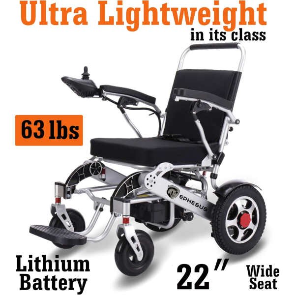 Foldable Electric Wheelchair/w Remote Control and Wide Seating Area | Lightweight 60 lbs, Airplane Approved, Heavy Duty | Motorized Wheelchair (Silver-Seat Width 22″)