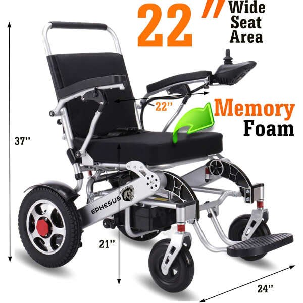 Foldable Electric Wheelchair/w Remote Control and Wide Seating Area | Lightweight 60 lbs, Airplane Approved, Heavy Duty | Motorized Wheelchair (Silver-Seat Width 22″)