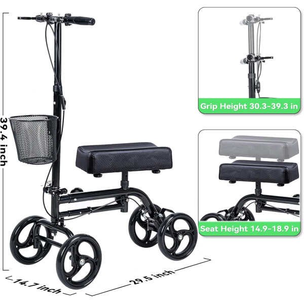 WINLOVE Black Steerable Knee Walker Roller Scooter with Basket Dual Braking System for Angle and Injured Foot Broken Economy Mobility