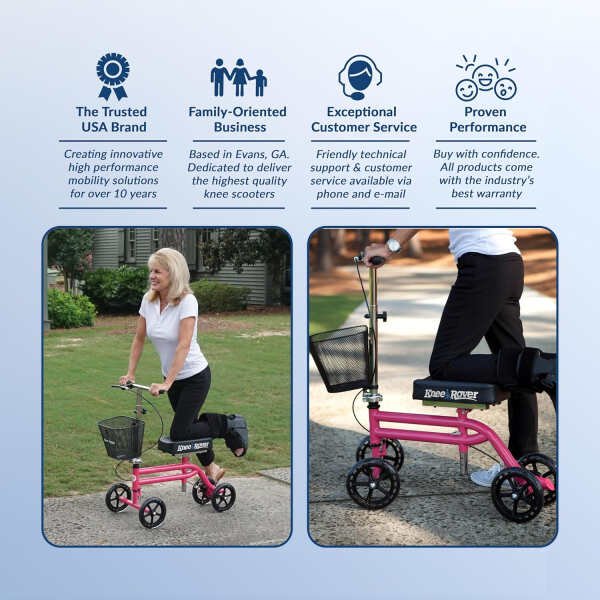 KneeRover Steerable Knee Scooter Knee Walker for Adults for Foot Surgery, Broken Ankle, Foot Injuries – Foldable Knee Rover Scooter for Broken Foot Injured Leg Crutch Alternative with Basket Hot Pink