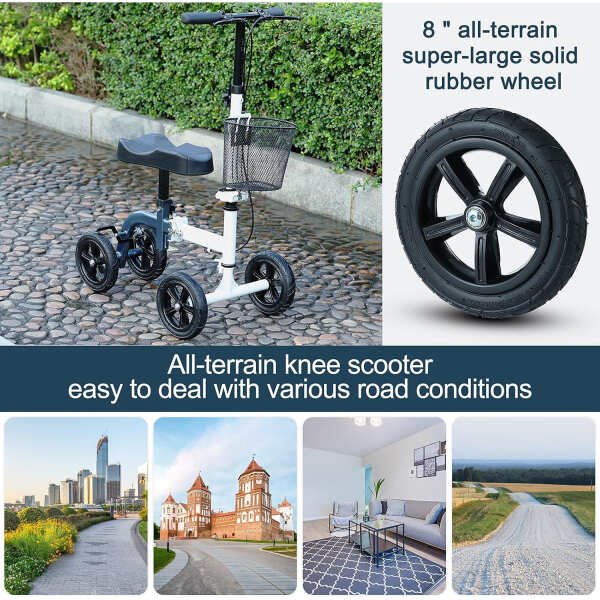 Knee Scooter,All-Terrain Foldable Knee Scooter Walker Economical Knee Scooters for Foot Injuries Best Crutches Alternative (White+Blue)