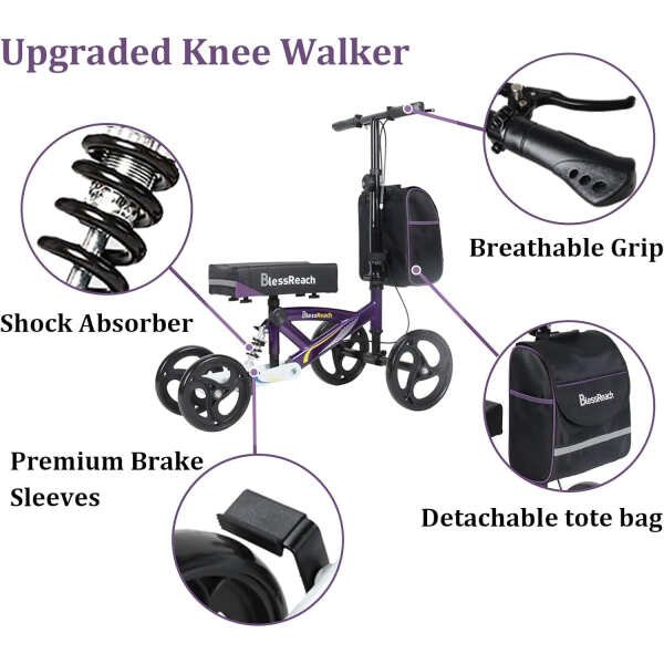 Steerable Knee Walker Deluxe Medical Scooter for Foot Injuries Compact Crutches, with Dual Rear on-Wheel Brake and Shock Absorption Under The Knee pad