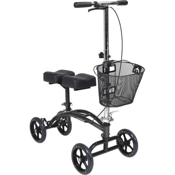 Drive Medical 796 Adjustable Height Steerable Knee Walker Knee Scooter Leg Walker Crutch Alternative, Dual Pad with Basket and Hand Brake 300 Pound Weight Cap