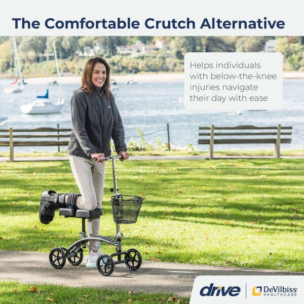 Drive Medical 796 Adjustable Height Steerable Knee Walker Knee Scooter Leg Walker Crutch Alternative, Dual Pad with Basket and Hand Brake 300 Pound Weight Cap