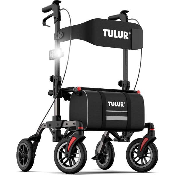 All Terrain Rollator Walkers with Seat – TULUR Ultra Foldable Rolling Walker for Seniors with Light, 8″ Smooth Wheels for All-Surfaces, Gray