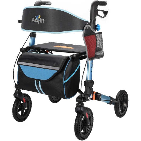 Rollator Walker for Seniors, Lightweight Foldable All Terrain Rolling Walker with seat, Aluminum Walkers with 8 inch Rubber Wheels, Handles and Backrest for Seniors and Adult (Blue)