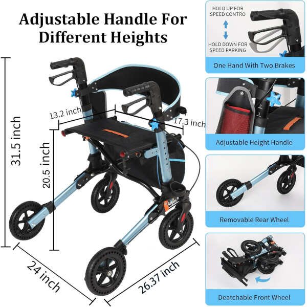 Rollator Walker for Seniors, Lightweight Foldable All Terrain Rolling Walker with seat, Aluminum Walkers with 8 inch Rubber Wheels, Handles and Backrest for Seniors and Adult (Blue)