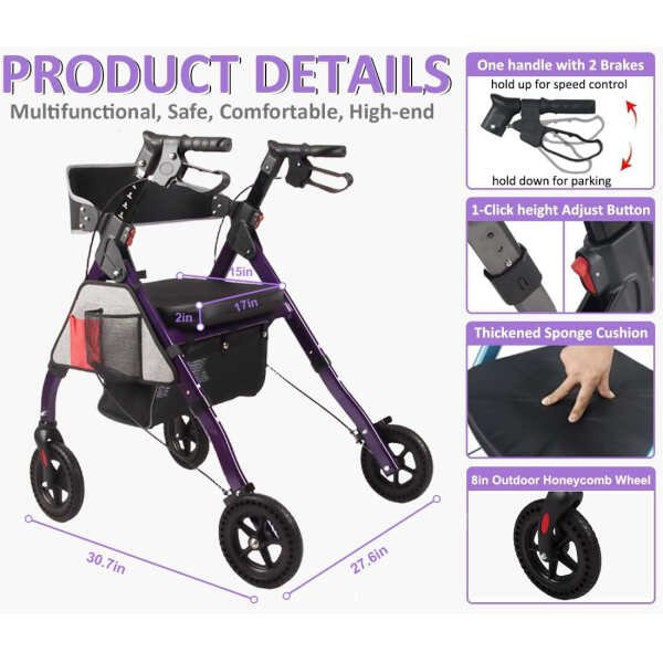 Heavy Duty Rollator Walker – Aluminum Rolling Walker for Seniors and Adults with Large Seat, Support Up 450 lbs (Purple)