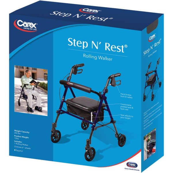 Carex Step ‘N Rest Aluminum Rollator Walker With Seat – Rolling Walker For Seniors With Back Support, 6 Inch Wheels, 250lbs Support, Lightweight