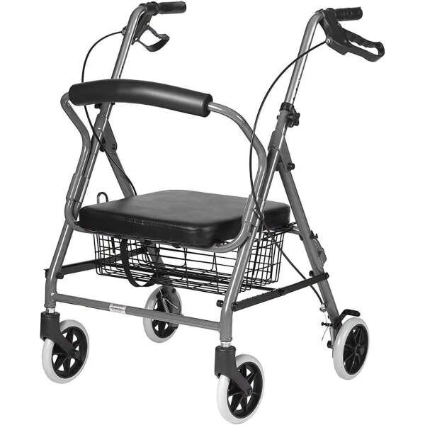 DMI Ultra Lightweight Folding Aluminum Hemi Rollator with Padded Seat, Basket and Adjustable Handle Height, Mobility Walker, Easily Fords, 300 Pound Weight Capacity, Titanium