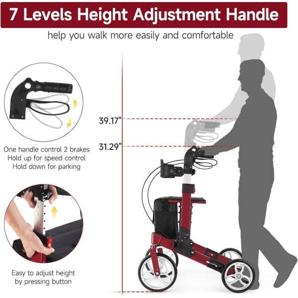 Red Walkers for Seniors with Seat Foldable Heavy Duty Walker Lightweight Rollator Walker with Seat 400 lbs Aluminum 4 Wheel Rolling Walker with Seat and Brakes Adjustable Handles, Backrest