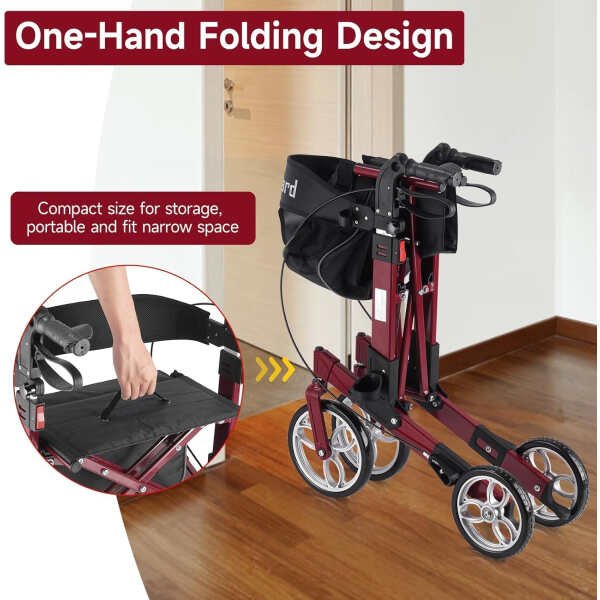 Red Walkers for Seniors with Seat Foldable Heavy Duty Walker Lightweight Rollator Walker with Seat 400 lbs Aluminum 4 Wheel Rolling Walker with Seat and Brakes Adjustable Handles, Backrest