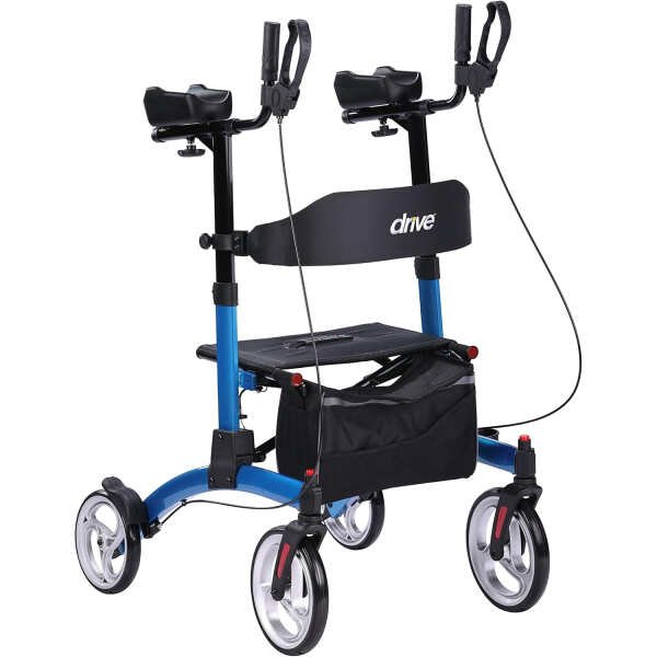 Drive Medical Elevate Upright Walker with Seat and Armrests, Standing Rollator with 10 Inch Wheels, Folding Standup Walker for Seniors, Upright Rollator, Tall Forearm Walker for Erect Posture, Blue