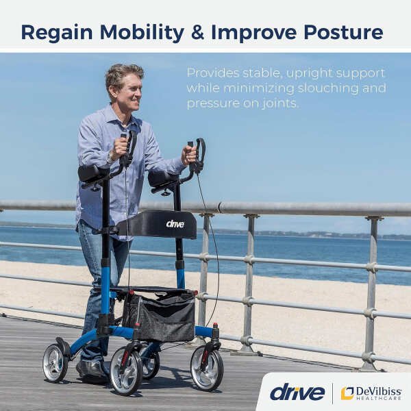 Drive Medical Elevate Upright Walker with Seat and Armrests, Standing Rollator with 10 Inch Wheels, Folding Standup Walker for Seniors, Upright Rollator, Tall Forearm Walker for Erect Posture, Blue