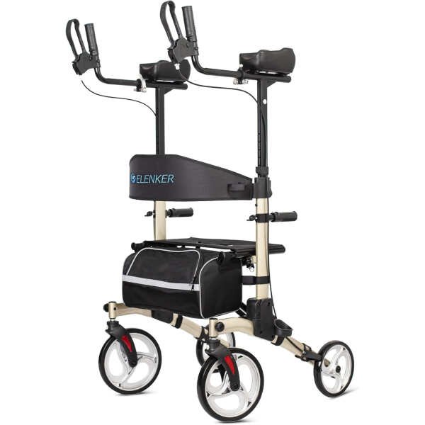 ELENKER Upright Walker, Stand Up Folding Rollator Walker with 10 Front Wheels Backrest Seat and Padded Armrests(Champagne)