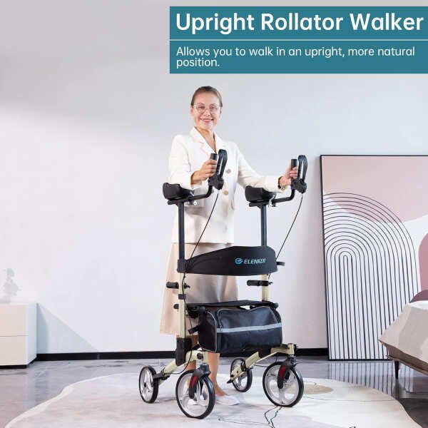 ELENKER Upright Walker, Stand Up Folding Rollator Walker with 10 Front Wheels Backrest Seat and Padded Armrests(Champagne)