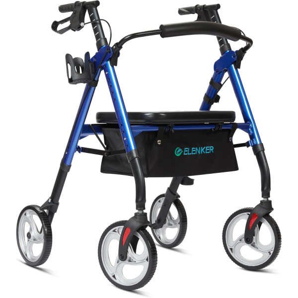 ELENKER Heavy Duty Rollator Walker with Extra Wide Padded Seat and Backrest, Bariatric Rolling Walker, 10 Wheels, Fully Adjustment Frame for Seniors, Blue