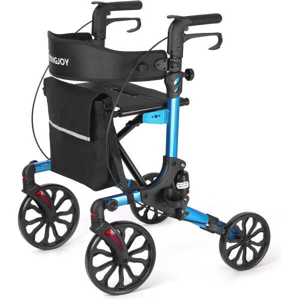 Blue Rollator Walker with Seat 4 Wheels Rolling Walker for Seniors 10″ Front Wheel Locking Brakes Height Adjustable Backrest and Armrest with Removable Bag Foldable Support Up 300LBS