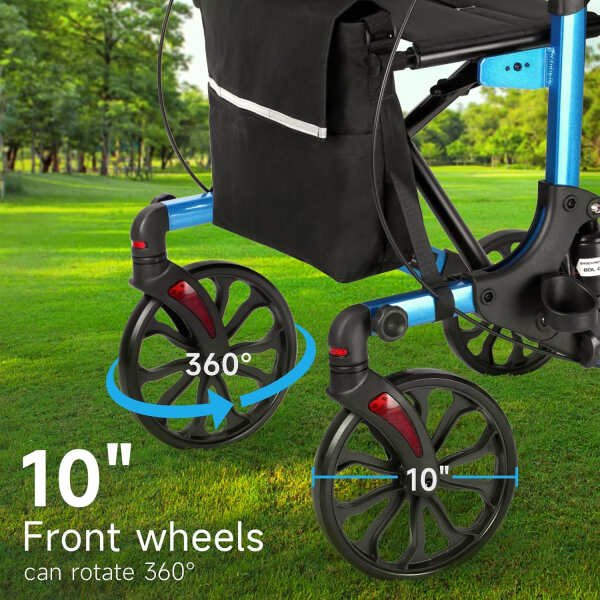 Blue Rollator Walker with Seat 4 Wheels Rolling Walker for Seniors 10″ Front Wheel Locking Brakes Height Adjustable Backrest and Armrest with Removable Bag Foldable Support Up 300LBS