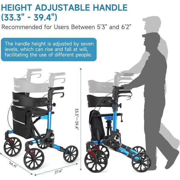 Blue Rollator Walker with Seat 4 Wheels Rolling Walker for Seniors 10″ Front Wheel Locking Brakes Height Adjustable Backrest and Armrest with Removable Bag Foldable Support Up 300LBS