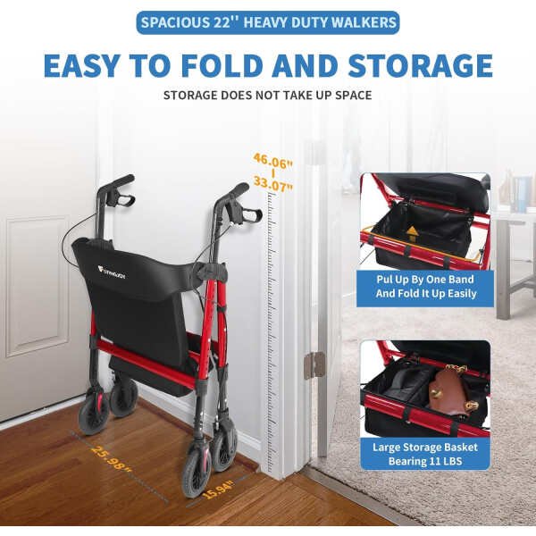 Heavy Duty Rollator Walker for 450 lbs Large People, 4-Wheels Folding Rolling Walker with Extra Spacious Seat, NOT for Standard Door 26″ Wide, a bit Bulky for Lightweight Elderly (Red)