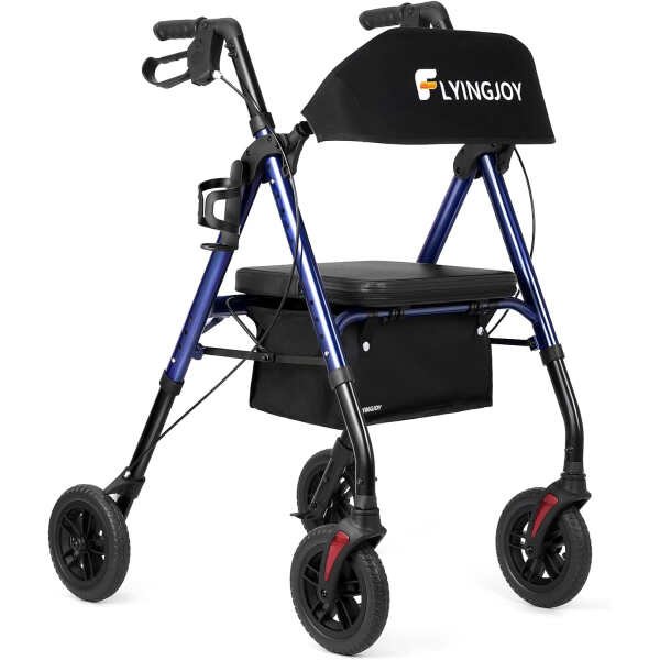 Rollator Walker Blue 8″ Large 4 Wheels Rollator Walkers for Seniors with Seat Locking Brakes Adjustable Seat and Arms Aluminum Medical Walker Foldable Removable Back Support 300 lbs