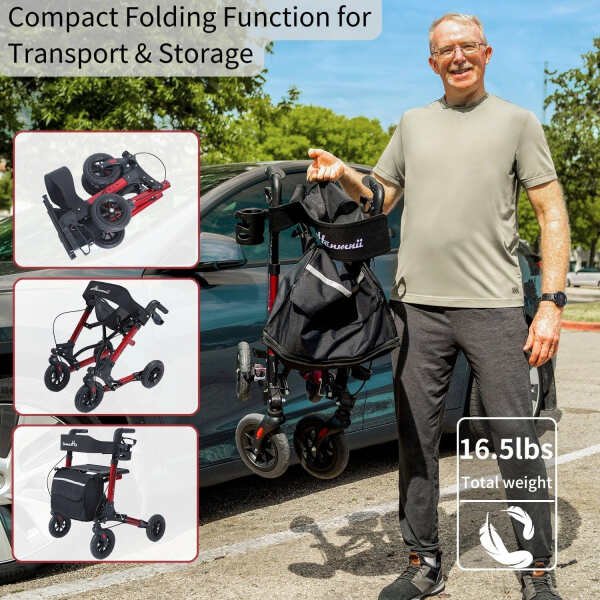 Rollator Walker for Seniors and Adults, All Terrain Walker with seat, Lightweight Foldable Aluminum Rolling Walkers.