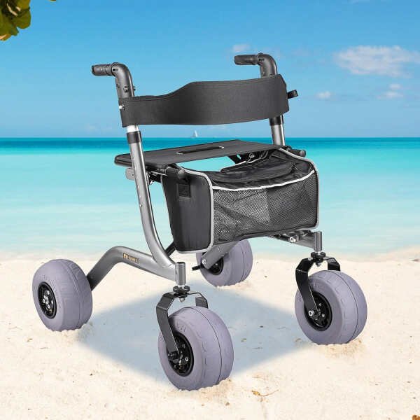 Foldable Rolling Beach Walker for Sand,All Terrain Beach Sand Mobility Walker,Foldable Walker with Seat,Adjustable Height Rolling Walker|Grey