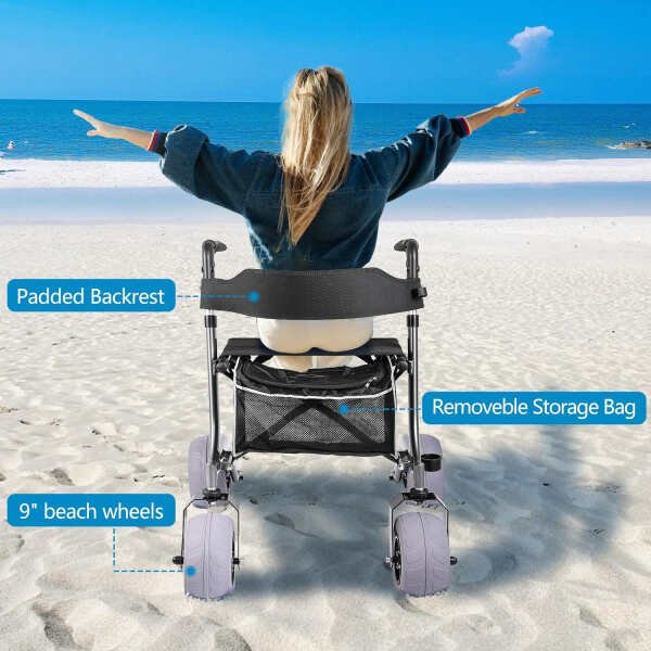 Foldable Rolling Beach Walker for Sand,All Terrain Beach Sand Mobility Walker,Foldable Walker with Seat,Adjustable Height Rolling Walker|Grey