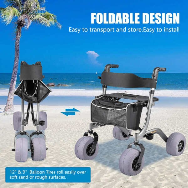 Foldable Rolling Beach Walker for Sand,All Terrain Beach Sand Mobility Walker,Foldable Walker with Seat,Adjustable Height Rolling Walker|Grey