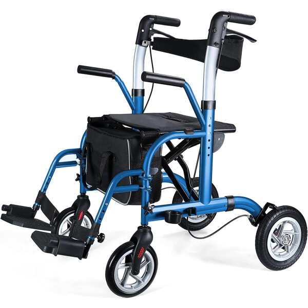 2 in 1 Rollator Walker for Seniors-Medical Walker with Seat,Folding Transport Wheelchair Rollator with 10″ Big PU Rear Wheels,Reversible Soft Backrest and Detachable Footrests Blue