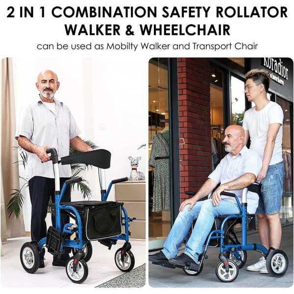 2 in 1 Rollator Walker for Seniors-Medical Walker with Seat,Folding Transport Wheelchair Rollator with 10″ Big PU Rear Wheels,Reversible Soft Backrest and Detachable Footrests Blue