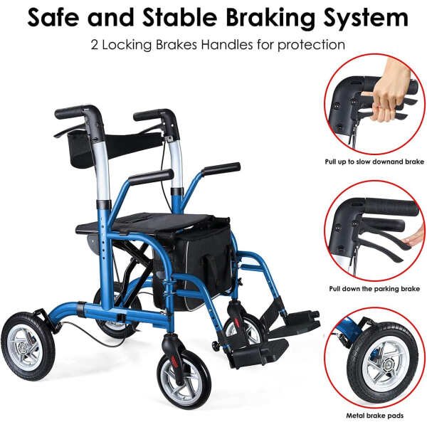 2 in 1 Rollator Walker for Seniors-Medical Walker with Seat,Folding Transport Wheelchair Rollator with 10″ Big PU Rear Wheels,Reversible Soft Backrest and Detachable Footrests Blue