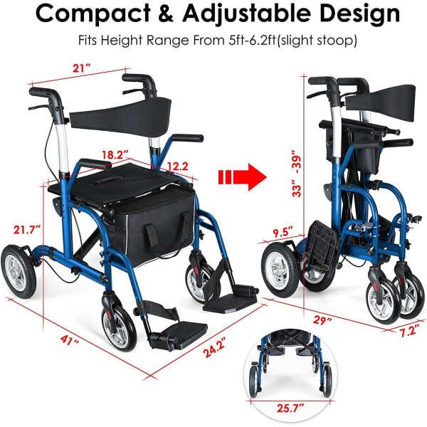 2 in 1 Rollator Walker for Seniors-Medical Walker with Seat,Folding Transport Wheelchair Rollator with 10″ Big PU Rear Wheels,Reversible Soft Backrest and Detachable Footrests Blue