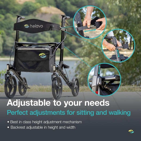 Helavo Premium Foldable Rollator with Seat – Uniquely Adjustable Aluminum Rolling Walker for Seniors and Adults