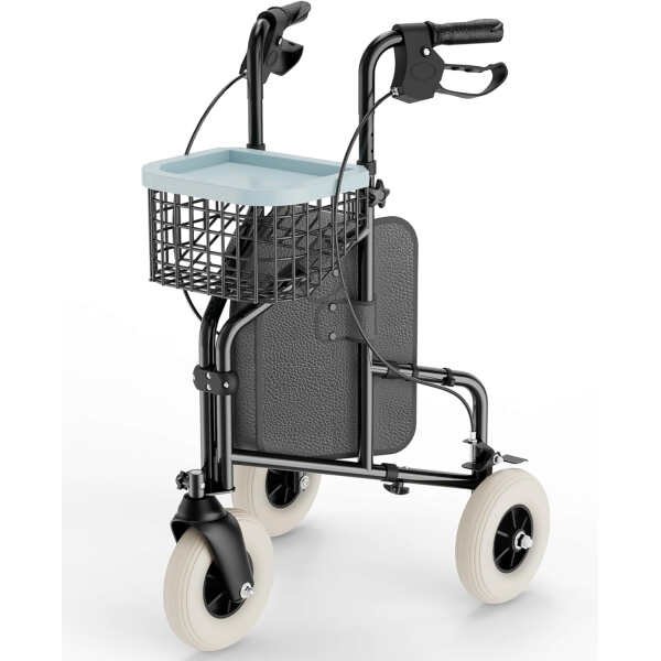 3 Wheel Rollator Walker, Foldable Wheeled Rollator Walker with Wire Basket and Tray, Lightweight Three Wheel Rolling Walker Height Adjustable for Seniors