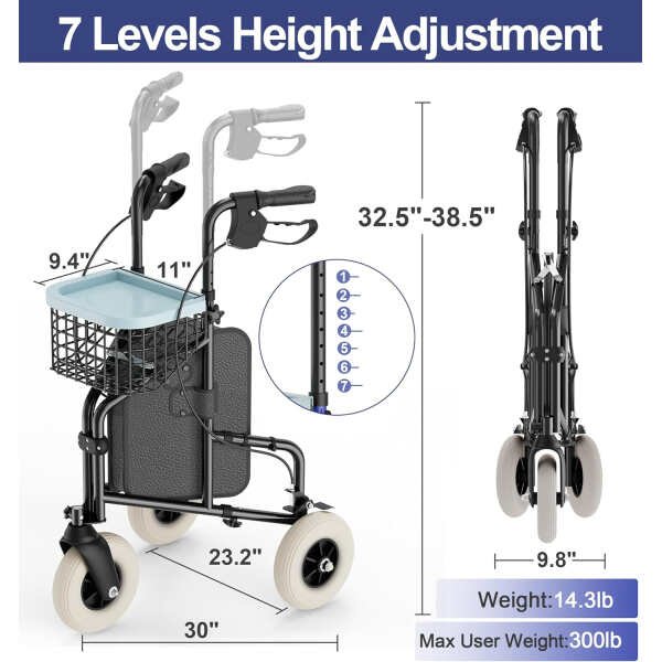 3 Wheel Rollator Walker, Foldable Wheeled Rollator Walker with Wire Basket and Tray, Lightweight Three Wheel Rolling Walker Height Adjustable for Seniors