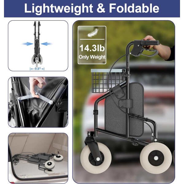 3 Wheel Rollator Walker, Foldable Wheeled Rollator Walker with Wire Basket and Tray, Lightweight Three Wheel Rolling Walker Height Adjustable for Seniors