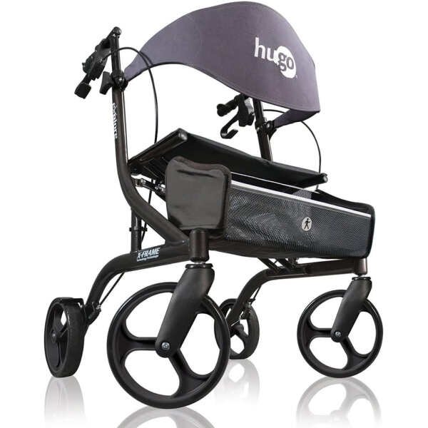 Hugo Mobility Explore Side-Fold Rollator Walker with Seat, Backrest and Folding Basket, Pearl Blk