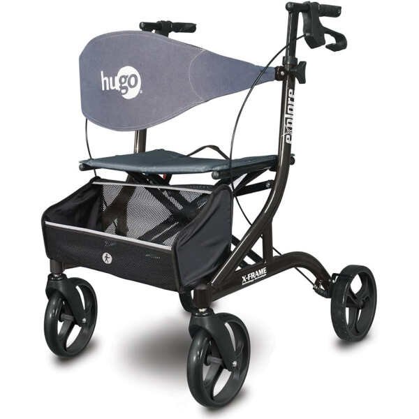 Hugo Mobility Explore Side-Fold Rollator Walker with Seat, Backrest and Folding Basket, Pearl Blk