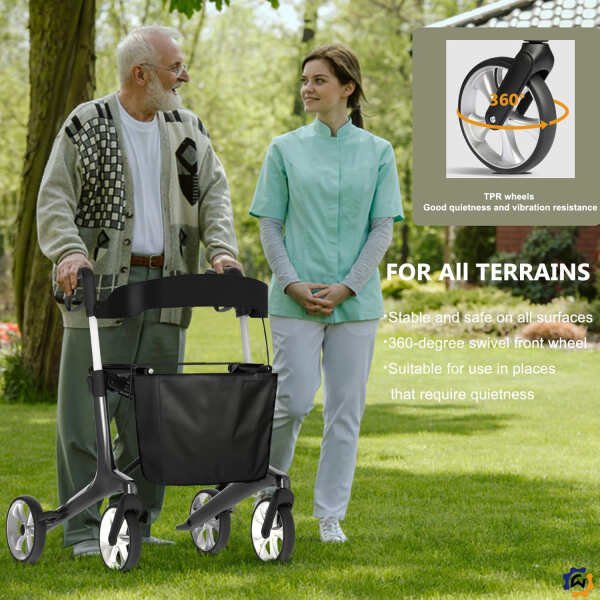 Carbon Walkers for Seniors,13lbs Lightweight Foldable Rollator,330lbs Weight Capacity Ultralight All Terrain Silent Wheels Rolling Walker with Seat and Backrest for Adults(Black