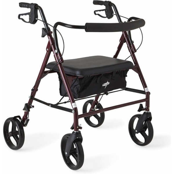 Medline Heavy Duty Rollator Walker with Seat, Bariatric Rolling Walker Supports up to 500 lbs, Large 8-inch Wheels, Burgundy